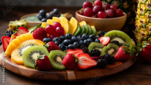 A colorful fruit platter featuring pineapple  watermelon  berries  and kiwi