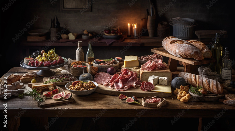 A rustic wooden table adorned with an array of savory cheeses and cured meats A rustic wooden table adorned with an array of savory cheeses and cured meats
