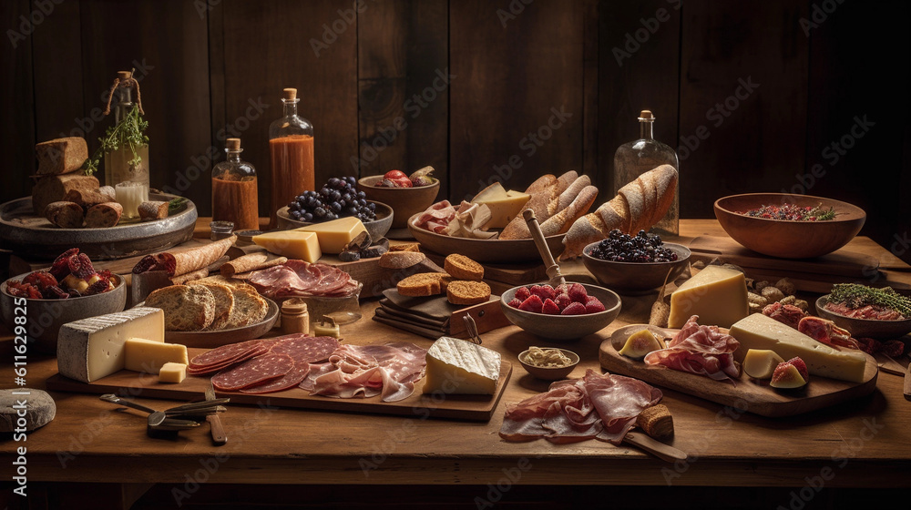 A rustic wooden table adorned with an array of savory cheeses and cured meats A rustic wooden table adorned with an array of savory cheeses and cured meats