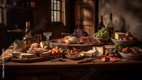 A rustic wooden table adorned with an array of savory cheeses and cured meats