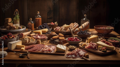 A rustic wooden table adorned with an array of savory cheeses and cured meats