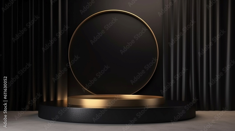 Black podium with black curtains on the background. Generative AI. Black podium with black curtains on the background. Generative AI.