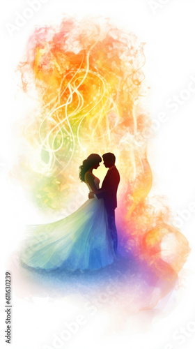 Generative AI - Abstract Futuristic White Background with Fire and Ice Waves Celebrating a Heartwarming Wedding in Rainbow Colors