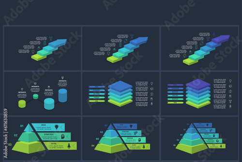 Set 3d concept for infographic with 3, 4, 5, 6 steps, parts or processes. Template for web on a black background.