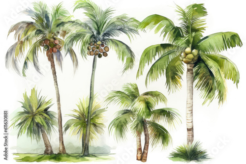 Green palm tree painted in watercolor and set against a white background. old fashioned coconut trees tropical rainforest with flowers  generative AI