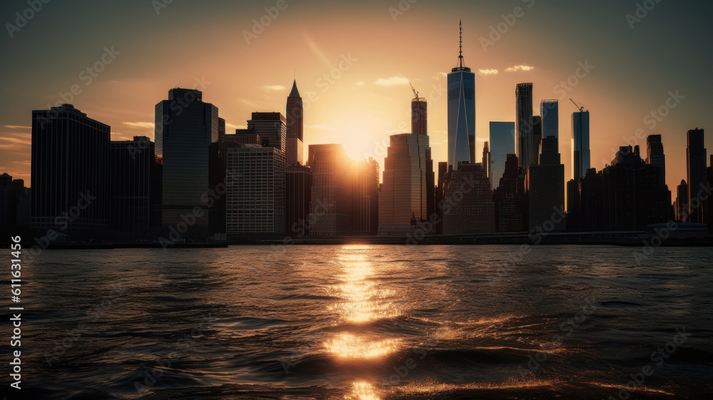 Manhattan skyline in New York at sunset. 