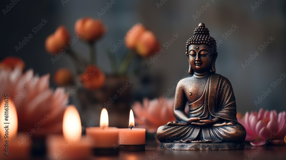 Fototapeta premium Buddha statue with lotus flowers and candles, Generative AI