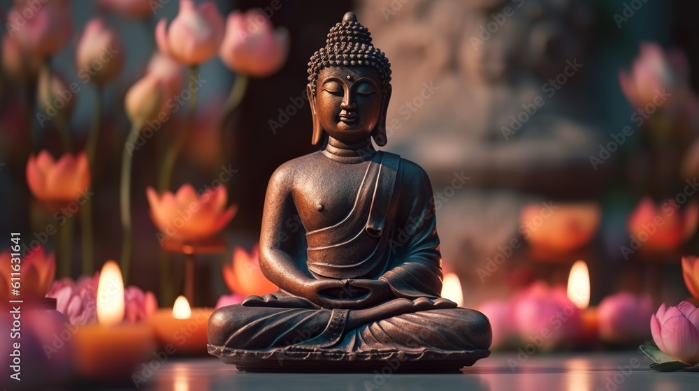 Buddha statue with lotus flowers and candles, Generative AI