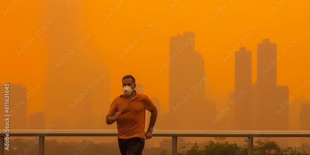 Fototapeta premium An athlete runs through the streets as wildfire smoke bathed New York City in fumes - Generative AI