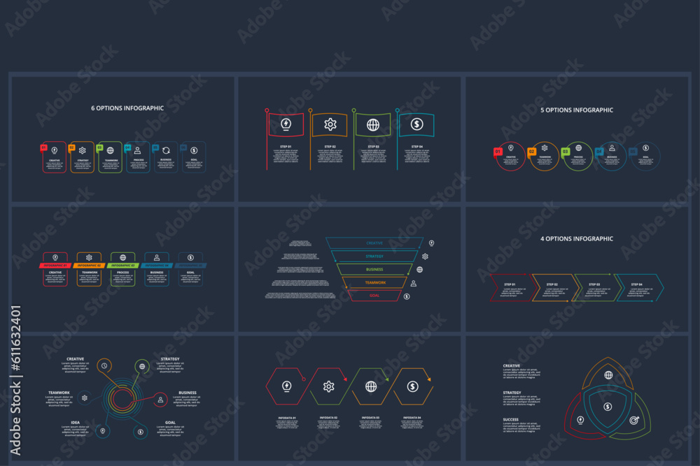 Line concept for infographic with 3, 4, 5, 6 options, parts or processes. Template for web on a black background. Line concept for infographic with 3, 4, 5, 6 options, parts or processes. Template for web on a black background.