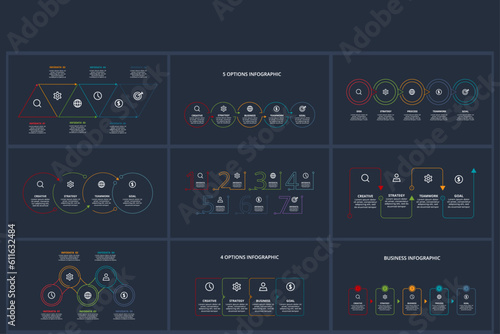 Line concept for infographic with 3, 4, 5, 6, 7 options, parts or processes. Template for web on a black background.