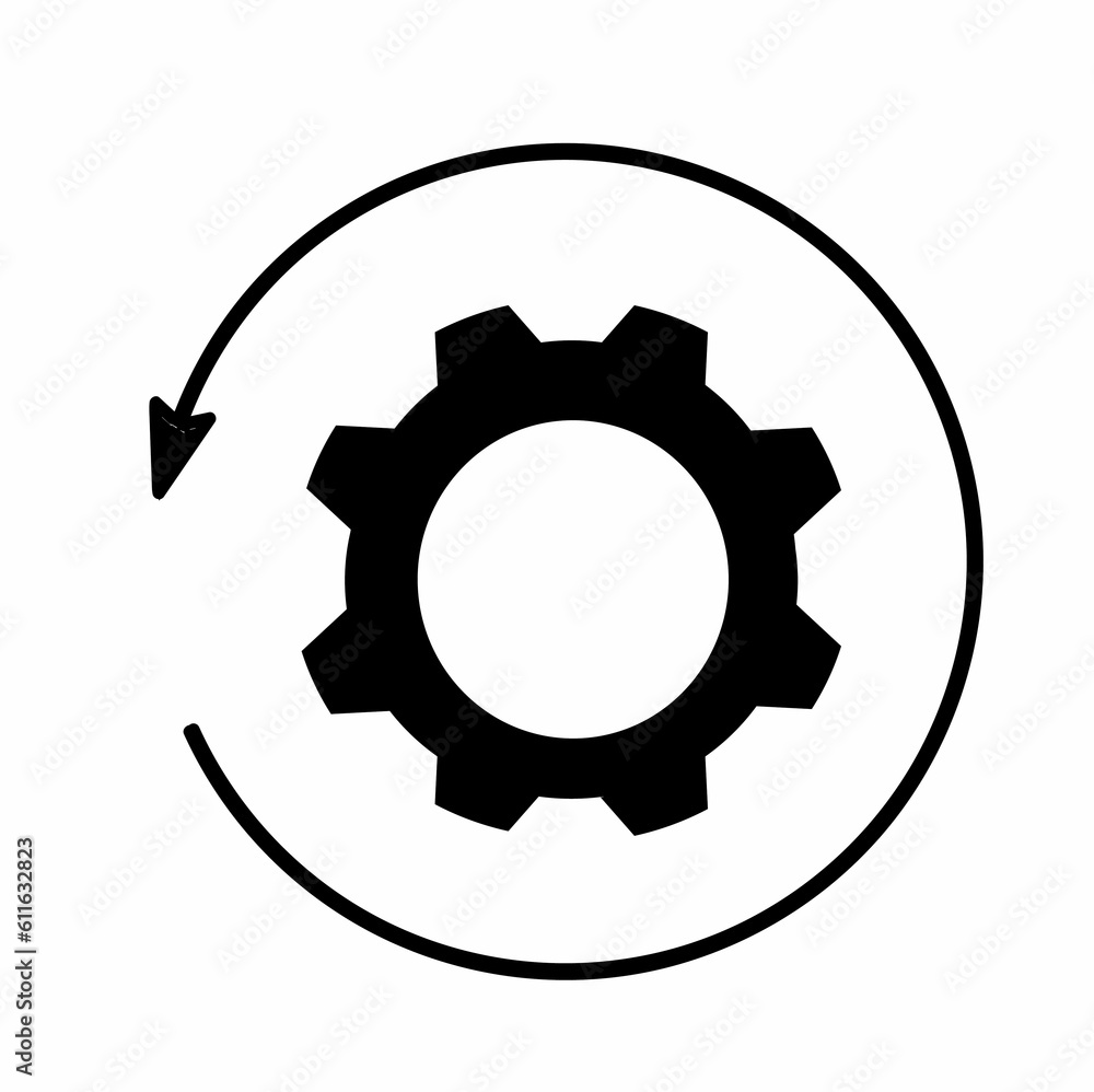 arrow and gear icon in black, business process concept highlighted on white background arrow and gear icon in black, business process concept highlighted on white background