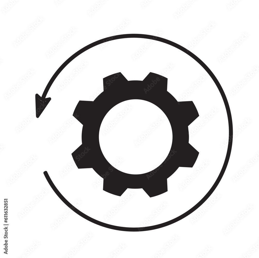 arrow and gear icon in black, business process concept highlighted on white background