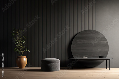 Grey wall panels and a black side table in minimalistic interior design composition. 