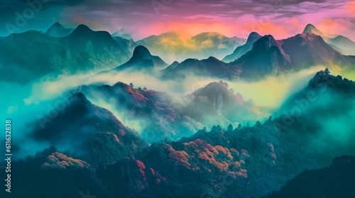 Mountains in mist and mysterious colored light. Generative AI.