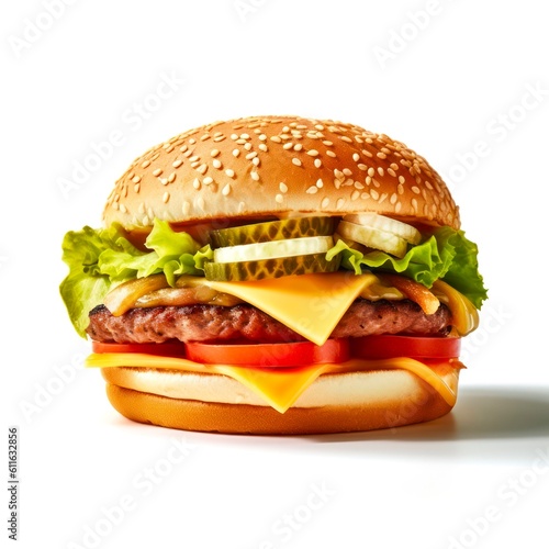 Cheeseburger on white background. Generative AI.