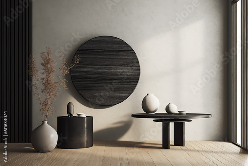 Grey wall panels and a black side table in minimalistic interior design composition. Generative AI photo