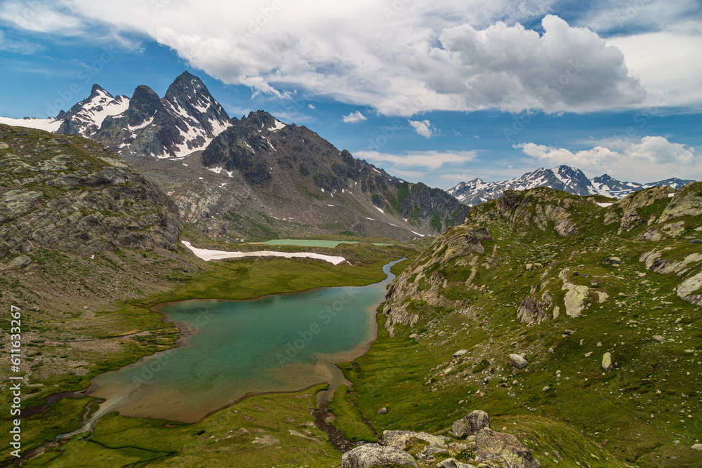 The beautiful mountains and lakes over La Thuile in a summer day