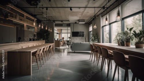 modern co-working spaces, "Minimalist Collaboration Zone" Shot captures a spacious co-working area with a minimalist design. 