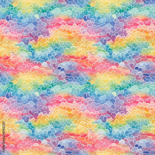 Watercolor seamless pattern with abstract rainbow ornament. Generative AI.