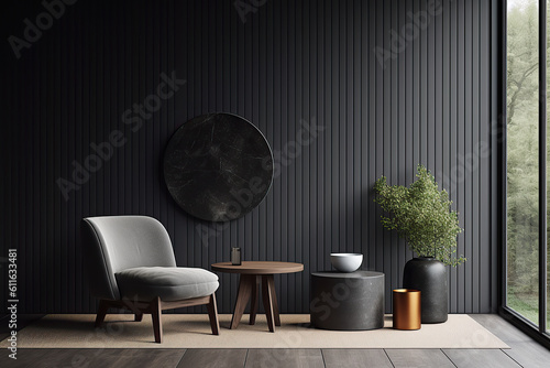 Grey wall panels and a black side table in minimalistic interior design composition. Generative AI photo