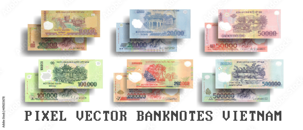 Vector set of pixelated mosaic banknotes of Vietnam. Denomination from 10000 to 500000 Vietnamese dong.