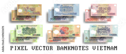 Vector set of pixelated mosaic banknotes of Vietnam. Denomination from 10000 to 500000 Vietnamese dong.