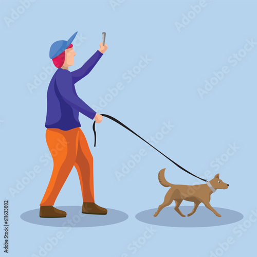 Professional dog walking. A man walks with a pet. Vector illustration isolated on white background