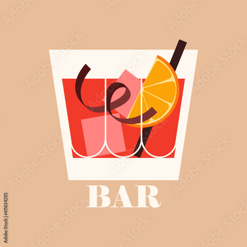 Classical aperitif in old fashioned glass. Alcoholic drink in rocks glass with orange and straw. Vector illustration of bar card cover.
