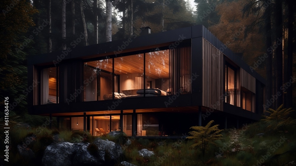 Wooden house in the forest. Generative AI Wooden house in the forest. Generative AI