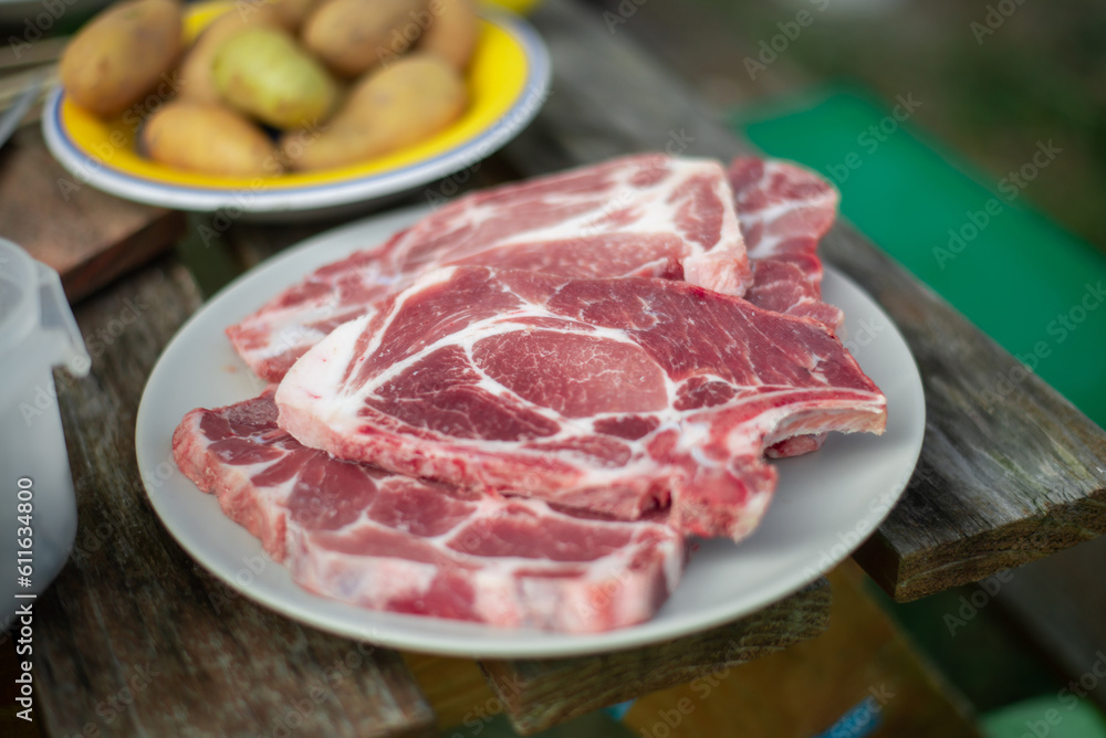 A piece of raw meat on a plate. Pork for barbecue, grill