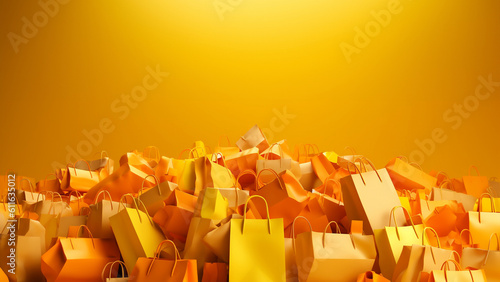 Empty orange color shopping bag on the yellow background, copy space text, Design creative concept for autumn sale event. generative ai. © Strabiliante