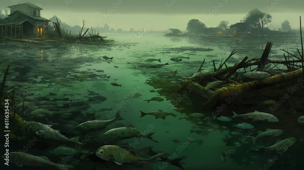 a harmful algal bloom, the waterway transformed into an eerie landscape of floating dead fish. generative ai
