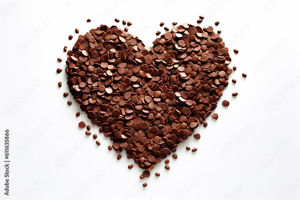 A heart or love shape made from scattered chocolate chips on top of white background A heart or love shape made from scattered chocolate chips on top of white background