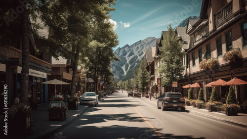 Scenic street view of the Banff Avenue in a sunny summer day. Banff is a resort town and popular tourist destination.