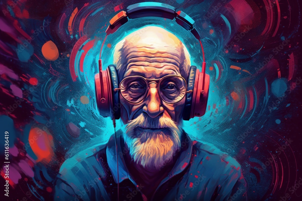 Portrait of an elderly man with headphones looking into the camera, bright, deep colors. Generative AI Portrait of an elderly man with headphones looking into the camera, bright, deep colors. Generative AI