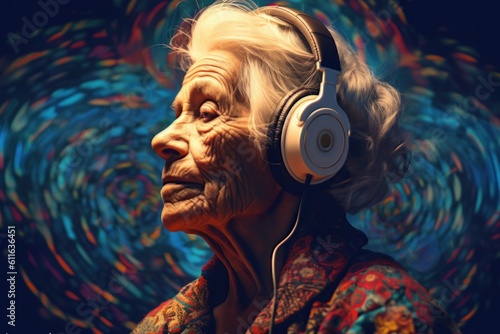 Older woman listens to music with headphones. Deep  bright colors  multicolored background. Generative AI