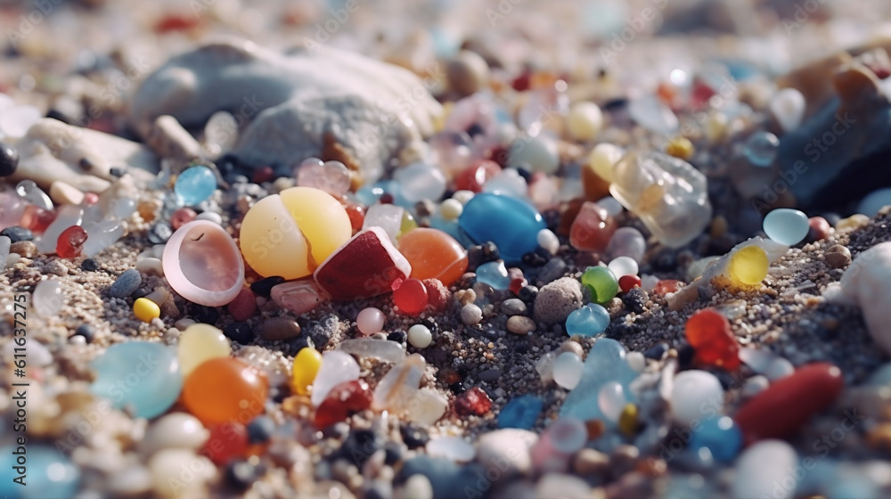 plastic waste piled up on the beach. macro generative ai. plastic waste piled up on the beach. macro generative ai.