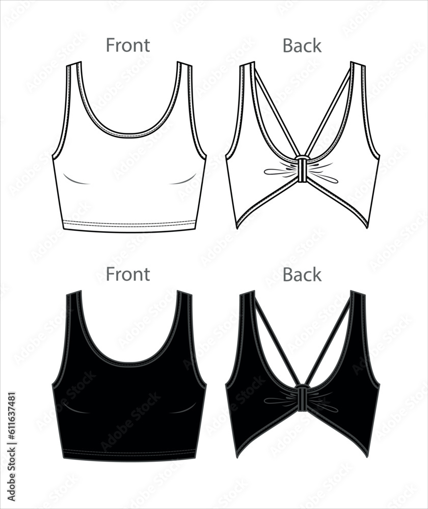 Vector sport bra technical drawing, women crop tank top with shoulder