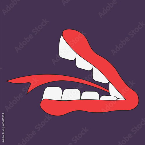 Open Mouth with Teeth and a Snake's Tongue on a purple background. A monster's false teeth. An element for Halloween. Vector illustration.