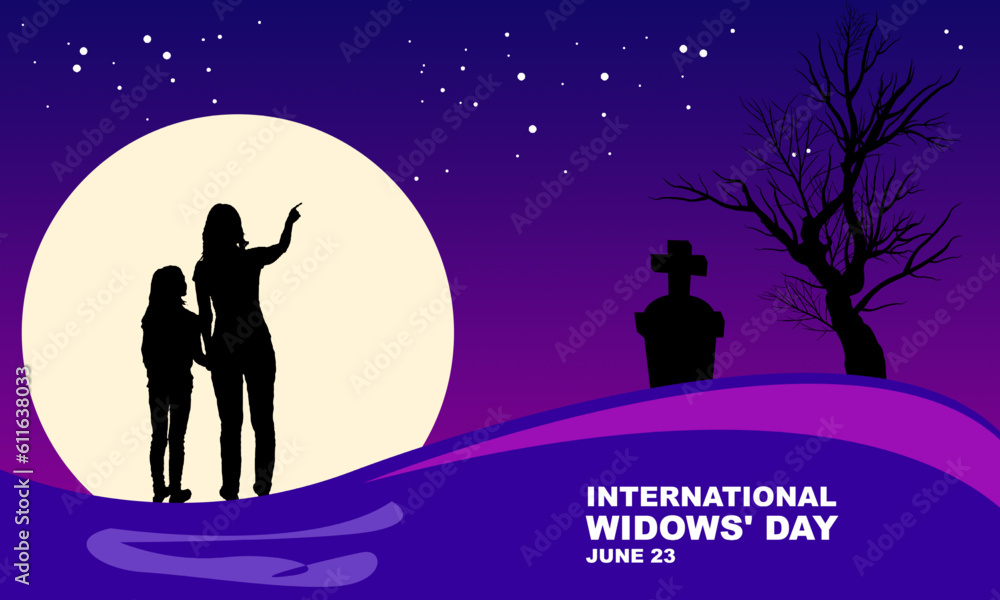 silhouette of a mother and daughter in the moonlight with her husband's grave and a dry tree silhouette commemorating International Widows' Day
