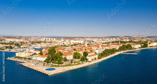 Aerial shot of Zadar old town, famous tourist attraction in Croatia. Waterfront aerial summer view, Dalmatia region of Croatia.