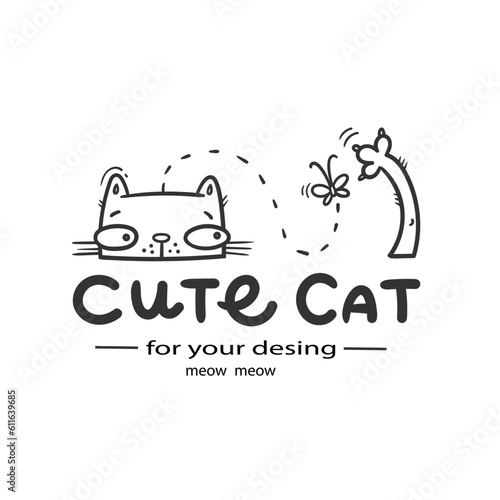 Card with  cute cartoon  cat and butterfly.  Funny doodle kitten poster. Vector contour image. Playful animal print.