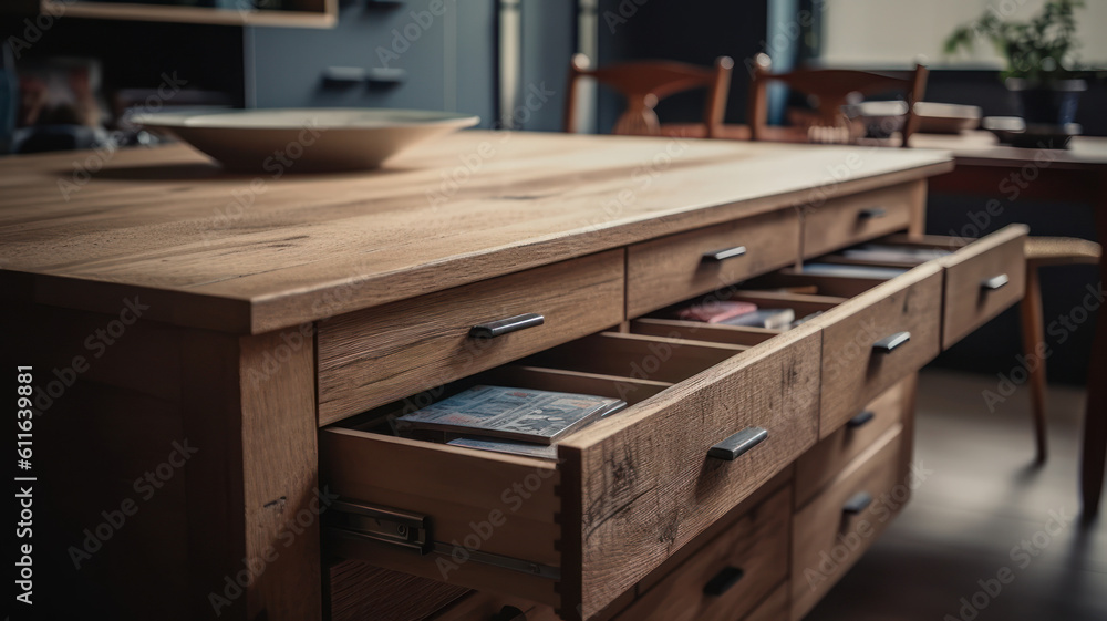 Table with drawers in interior of modern kitchen. Table with drawers in interior of modern kitchen.