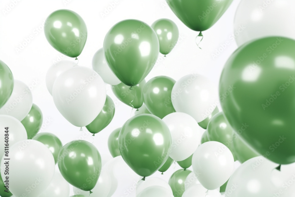 fliegende grüne und weiße Ballons auf hellem Hintergrund. Querformat. Generative Ai. fliegende grüne und weiße Ballons auf hellem Hintergrund. Querformat. Generative Ai.