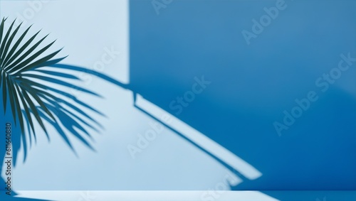 Minimal abstract blue background for product presentation with shadow. palm leaves and reflection of light from a window on a wall in a blue pastel room, generative ai photo