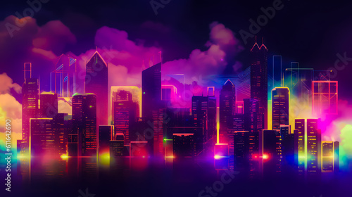 abstract panoramic image of the night city  silhouettes of skyscrapers  clouds and lights of the night city  neon hologram  AI generated