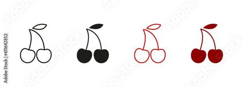 Cherry with Leaf Line and Silhouette Icon Set. Fruit Jackpot in Casino, Berry in Slot Machine, Gambling Game. Sweet Freshness Healthy Nature Food Symbol Collection. Isolated Vector Illustration