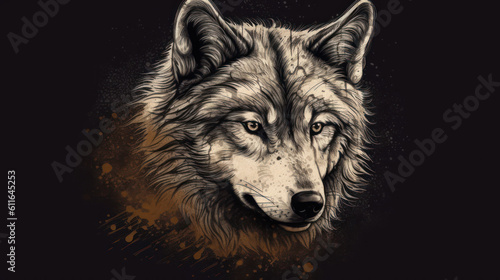Tattoo design of a wolf silhouette. The wolf has detailed fur and shading that give it depth and realism isolated on Dark. The wolf represents strength, loyalty AI Generative ART