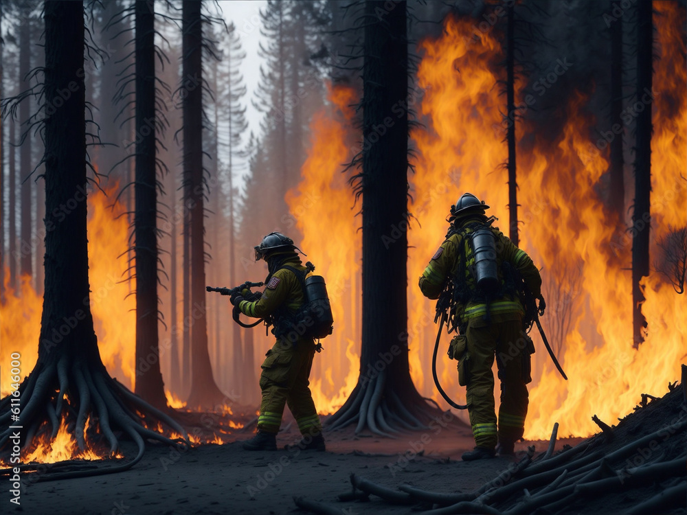 Firefighters put out a huge fire in the forest. Created with AI technology
